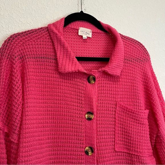 143 Story By Line Up Pink Crochet Knit Long Sleeve Button Up Shirt Top Size M - Picture 2 of 11